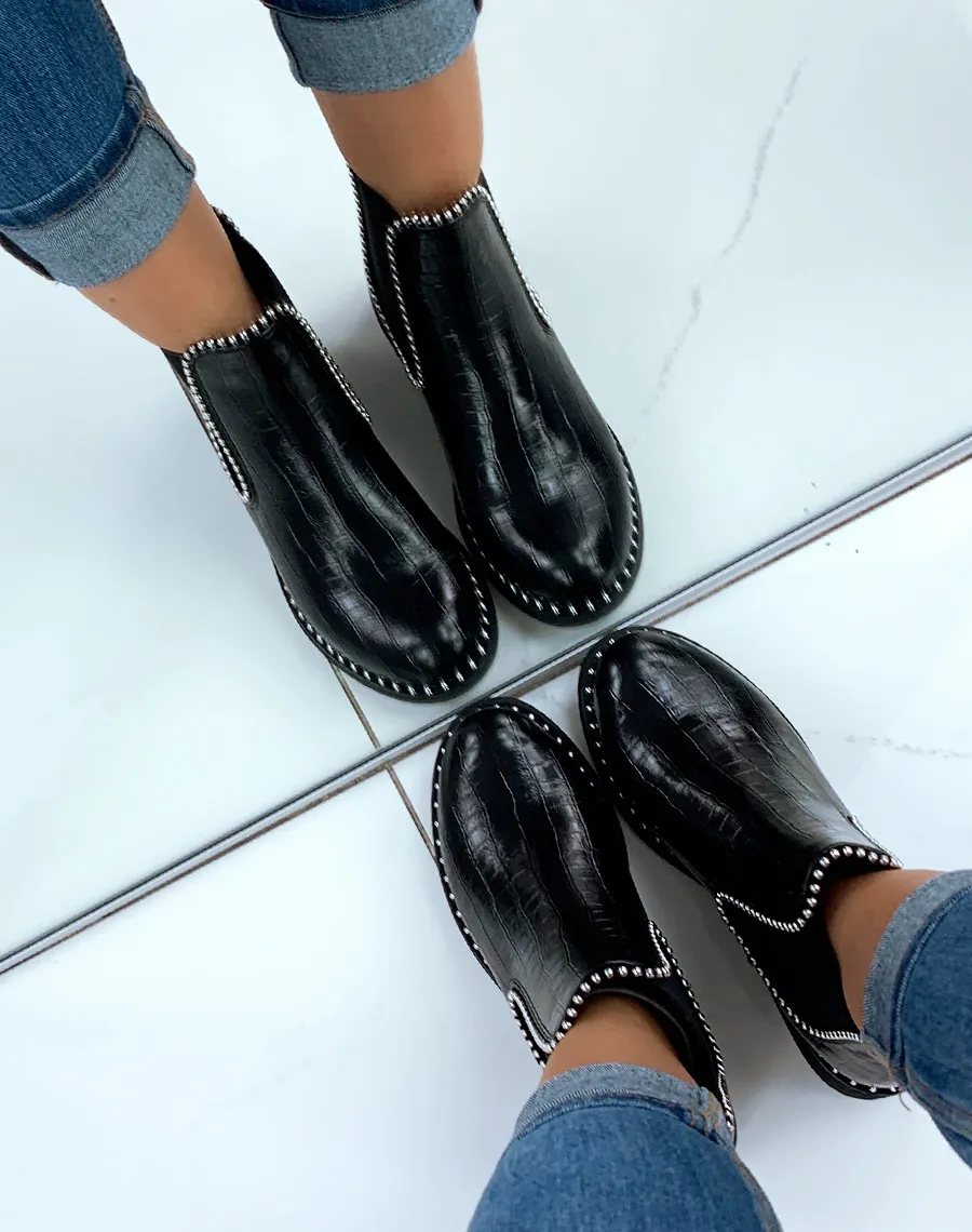 Bottines noires effet croco et perle dornement argent